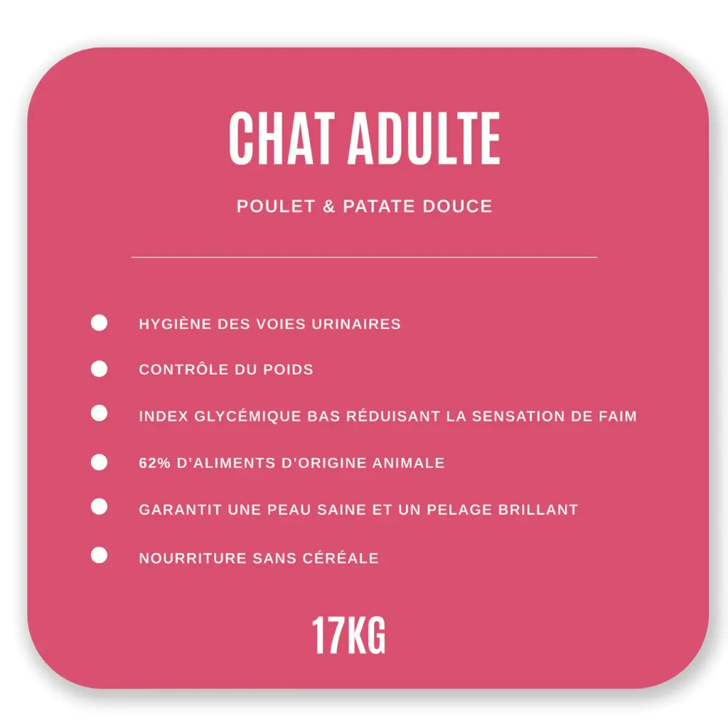 Croquettes Chat Adulte 17 kg - Poulet / Patate Douce